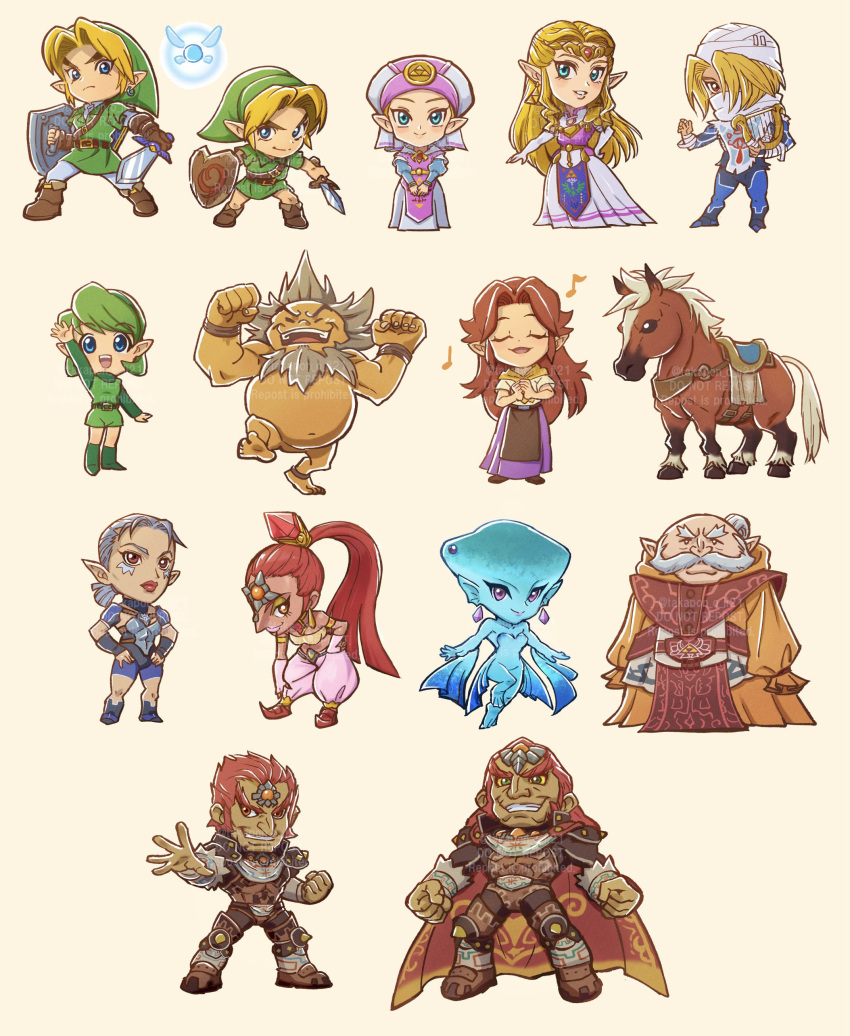 6+boys 6+girls absurdres arm_fins armor bare_shoulders beard blonde_hair blue_eyes blue_pants blue_shorts blue_skin blunt_ends bracer breasts brown_footwear brown_gloves brown_hair cape chibi clenched_hands closed_eyes colored_sclera colored_skin crop_top dangle_earrings darunia dress earrings elbow_gloves epona everyone facial_hair facial_mark fairy fat fighting_stance fingerless_gloves fish_girl forehead_jewel frown full_body furrowed_brow ganondorf gerudo gloves goron green_eyes green_footwear green_hair green_tunic grey_hair grin hair_bun hair_pulled_back hand_up hands_on_own_hips harem_pants hat headband highres holding holding_shield holding_sword holding_weapon horse impa jewelry knee_spikes kokiri leaning_forward link lips long_hair long_skirt long_sleeves low_ponytail malon medium_breasts mob_cap monster_girl multiple_boys multiple_girls music musical_note mustache nabooru navel navi neckerchief nose open_mouth orange_robe own_hands_clasped own_hands_together pants parted_bangs parted_lips pink_dress pointy_ears ponytail princess_ruto princess_zelda purple_shirt rauru red_cape red_eyes red_hair reverse_trap robe saddle saria_(the_legend_of_zelda) sheik shield shirt short_hair short_sleeves shorts shoulder_armor sideburns singing single_hair_bun skirt smile sword takapon-o-ji teeth the_legend_of_zelda the_legend_of_zelda:_ocarina_of_time tiara v_arms weapon white_headband white_pants yellow_neckerchief yellow_sclera young_link zora