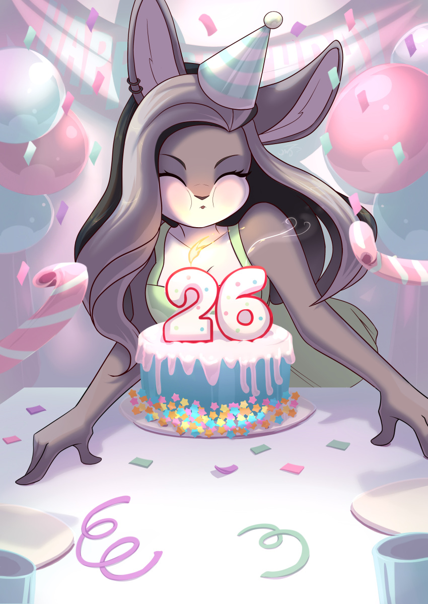 absurd_res anthro birthday cake clothing cyndybell dessert dress female food fur grey_body grey_fur hair hi_res jessica_reiki lagomorph leporid mammal multicolored_hair party rabbit