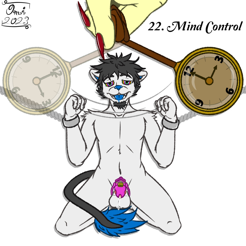 absurd_res anthro balls bdsm bodily_fluids bondage bound chastity_cage chastity_device clock cuff_(restraint) cum digital_media_(artwork) dragon drooling duo english_text felid female fur genital_fluids genitals hair handcuffs hi_res lion looking_at_viewer male male/female mammal metal_cuffs mind_break mind_control nude omithefox open_mouth pantherine penis pocketwatch precum restraints saliva simple_background solo submissive submissive_male tail text tongue tongue_out watch white_body white_fur