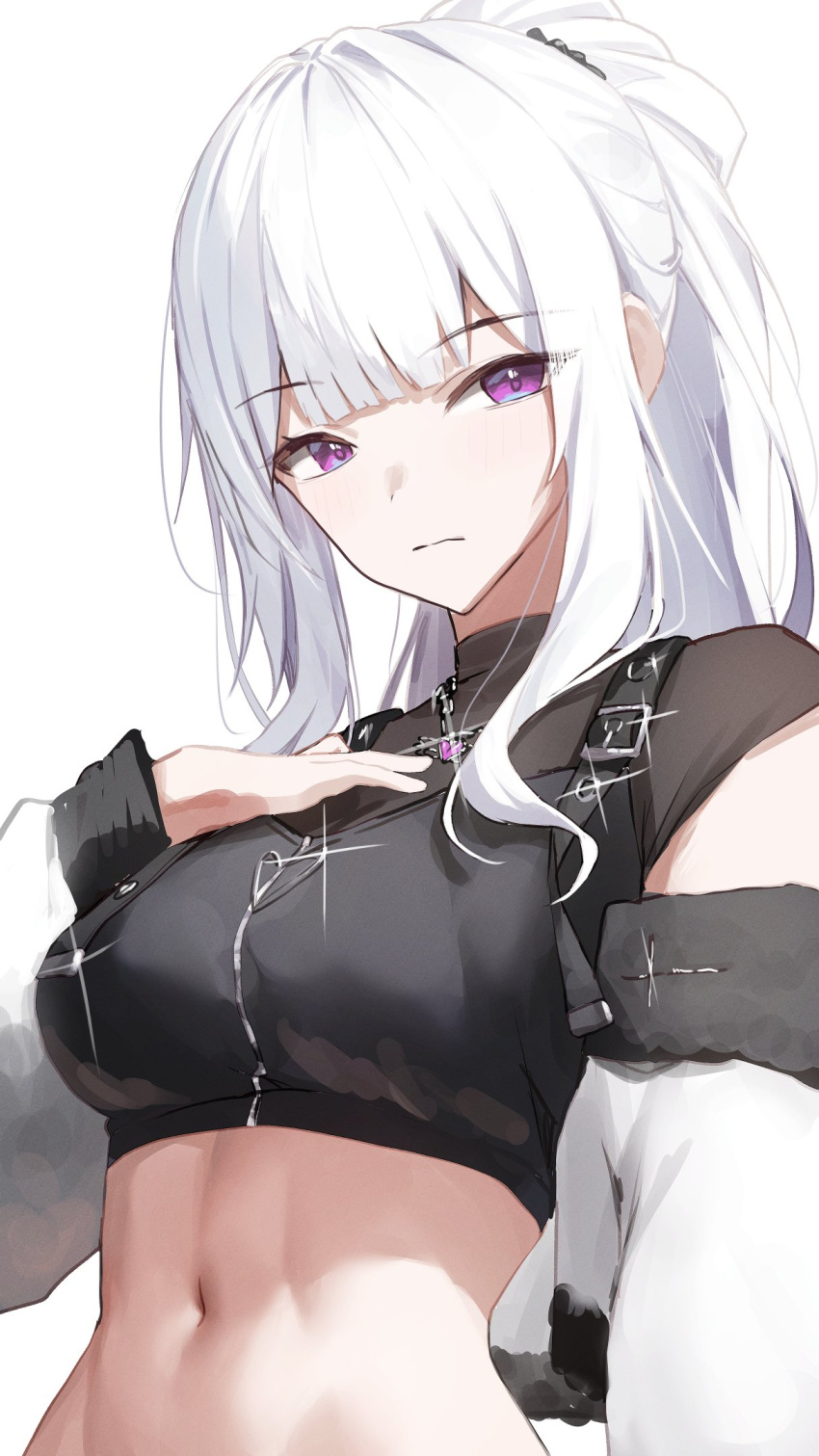 1girl black_shirt breasts closed_mouth crop_top cropped_jacket expressionless gnns hand_on_own_chest hand_up highres ine_(vtuber) jacket jewelry long_hair long_sleeves looking_at_viewer medium_breasts midriff navel necklace off_shoulder ponytail purple_eyes shirt short_sleeves simple_background solo stomach upper_body virtual_youtuber waktaverse white_background white_hair white_jacket