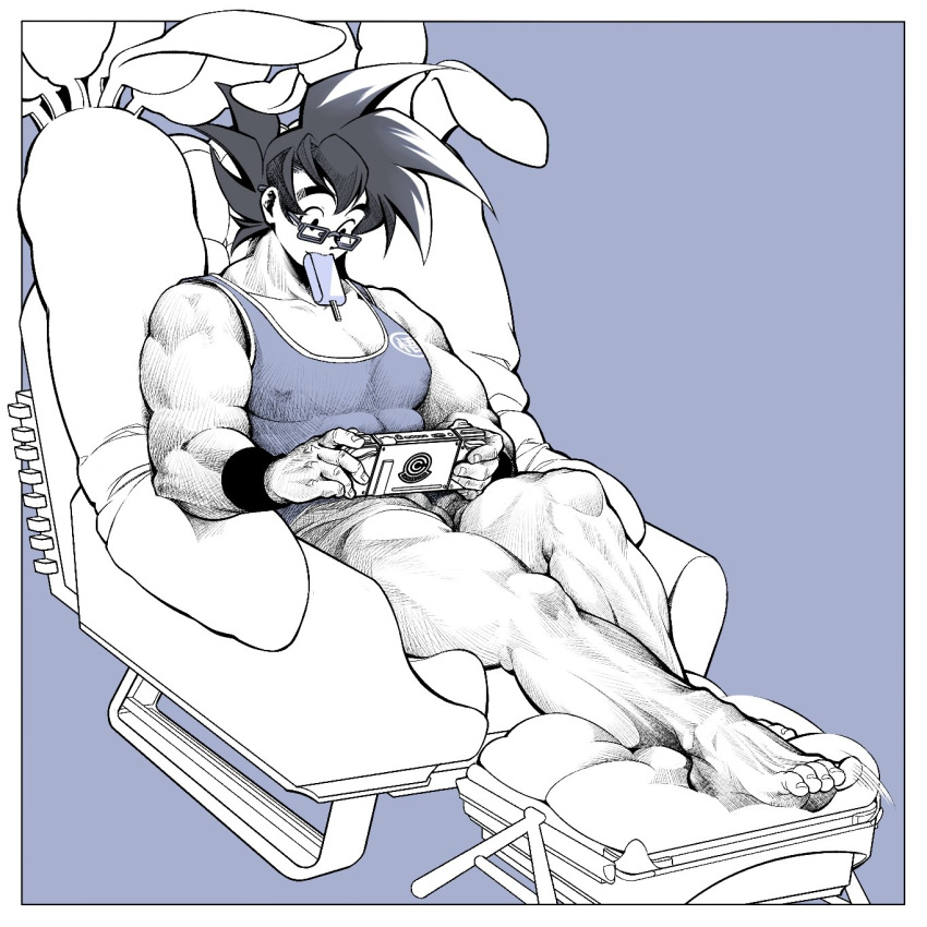 1boy bara covered_nipples dragon_ball dragon_ball_super food food_in_mouth glasses handheld_game_console highres holding holding_handheld_game_console large_pectorals male_focus muscular muscular_male nintendo_switch partially_colored pectorals playing_games popsicle popsicle_in_mouth powersalad2022 short_hair shorts sitting solo son_goku spiked_hair thick_thighs thighs wristband