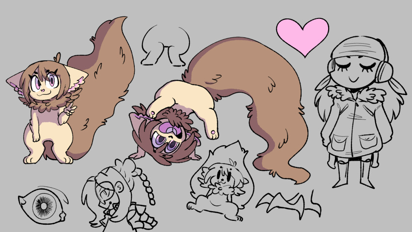 alisa_(pharkar) anthro big_tail chibi female fluffy fluffy_tail group hi_res human mammal multiple_poses pharkar pose pose_study rodent sciurid size_difference sketch sketch_page smaller_female smile squirrel_tail tail tree_squirrel