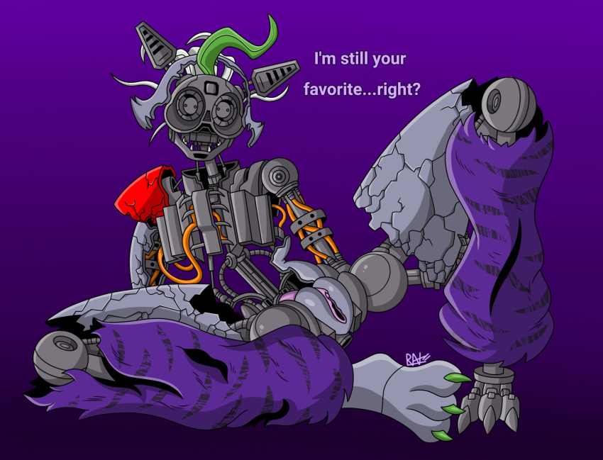 animatronic anthro canid canine canis cheek_tuft clothing colored_nails dialogue exposed_endoskeleton facial_tuft female five_nights_at_freddy's five_nights_at_freddy's:_security_breach five_nights_at_freddy's:_security_breach_ruin genitals green_hair green_nails grey_body hair hi_res legwear looking_at_viewer machine mammal nails open_mouth pattern_clothing pattern_legwear purple_background purple_clothing purple_legwear pussy ravage42 robot roxanne_wolf_(fnaf) ruined_roxanne_wolf_(fnaf) scottgames sharp_teeth shoulder_pads simple_background solo spread_legs spreading steel_wool_studios striped_clothing striped_legwear stripes talking_to_viewer teeth text thick_thighs tuft white_hair wide_hips wire wolf