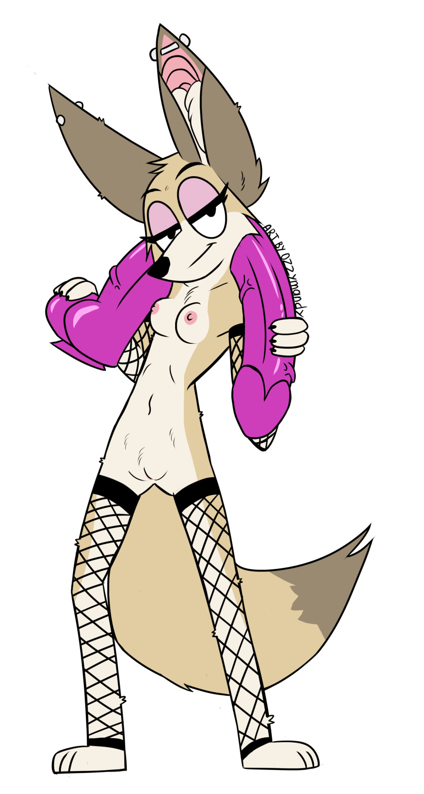 absurd_res anthro big_dildo black_ears black_nose canid canine clothing dildo female fox fur genitals hi_res legwear mammal ozzymandy penis piercing purple_dildo purple_penis sex_toy simple_background solo standing stockings white_background white_body white_fur white_legs