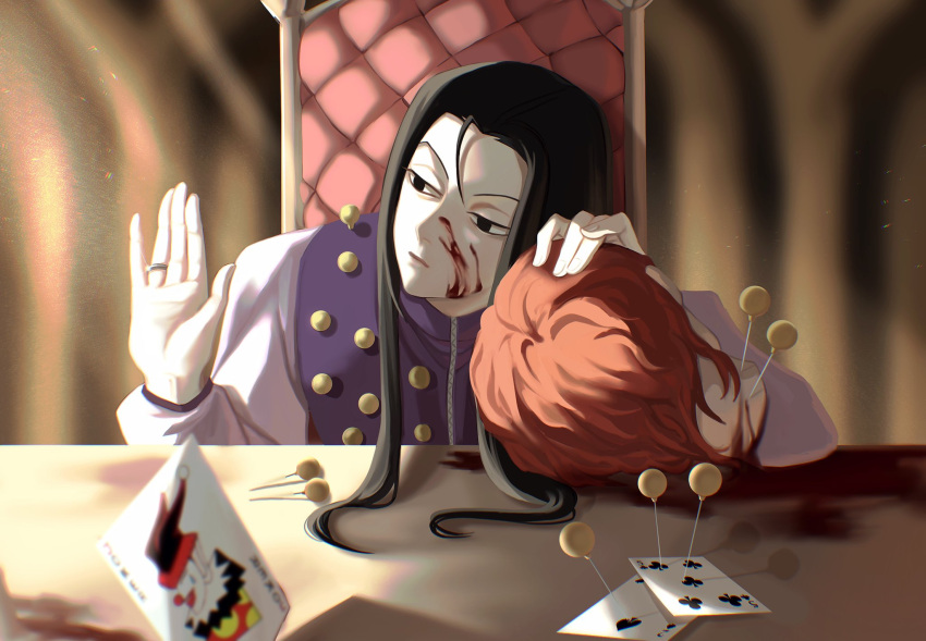 2boys black_hair blood blood_on_face card chair death empty_eyes enyalee expressionless hands_up highres hisoka_morow hunter_x_hunter illumi_zoldyck joker_(card) light_rays long_hair looking_to_the_side male_focus multiple_boys needle pale_skin playing_card red_hair severed_head short_hair sunlight table wood