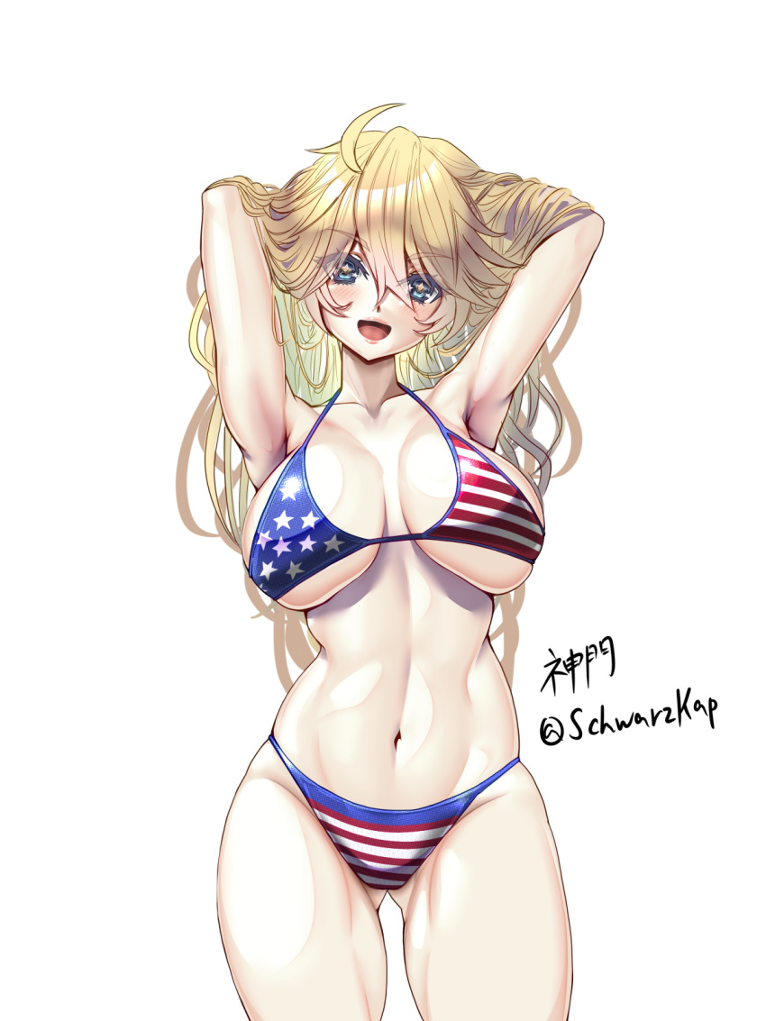 1girl ahoge american_flag_bikini arms_behind_head artist_name ass_visible_through_thighs bikini blonde_hair blue_eyes breasts commentary_request cowboy_shot flag_print highres iowa_(kancolle) kantai_collection large_breasts long_hair mahgalo simple_background solo standing swimsuit twitter_username white_background