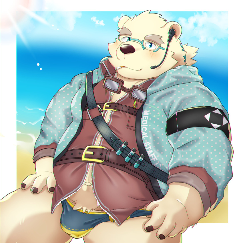 absurd_res anthro beach bear belly bulge cigarette clothing fur hi_res jacket leib_(tas) lifewonders male mammal overweight polar_bear ruoain seaside smoking solo speedo swimwear tokyo_afterschool_summoners topwear ursine white_body white_fur