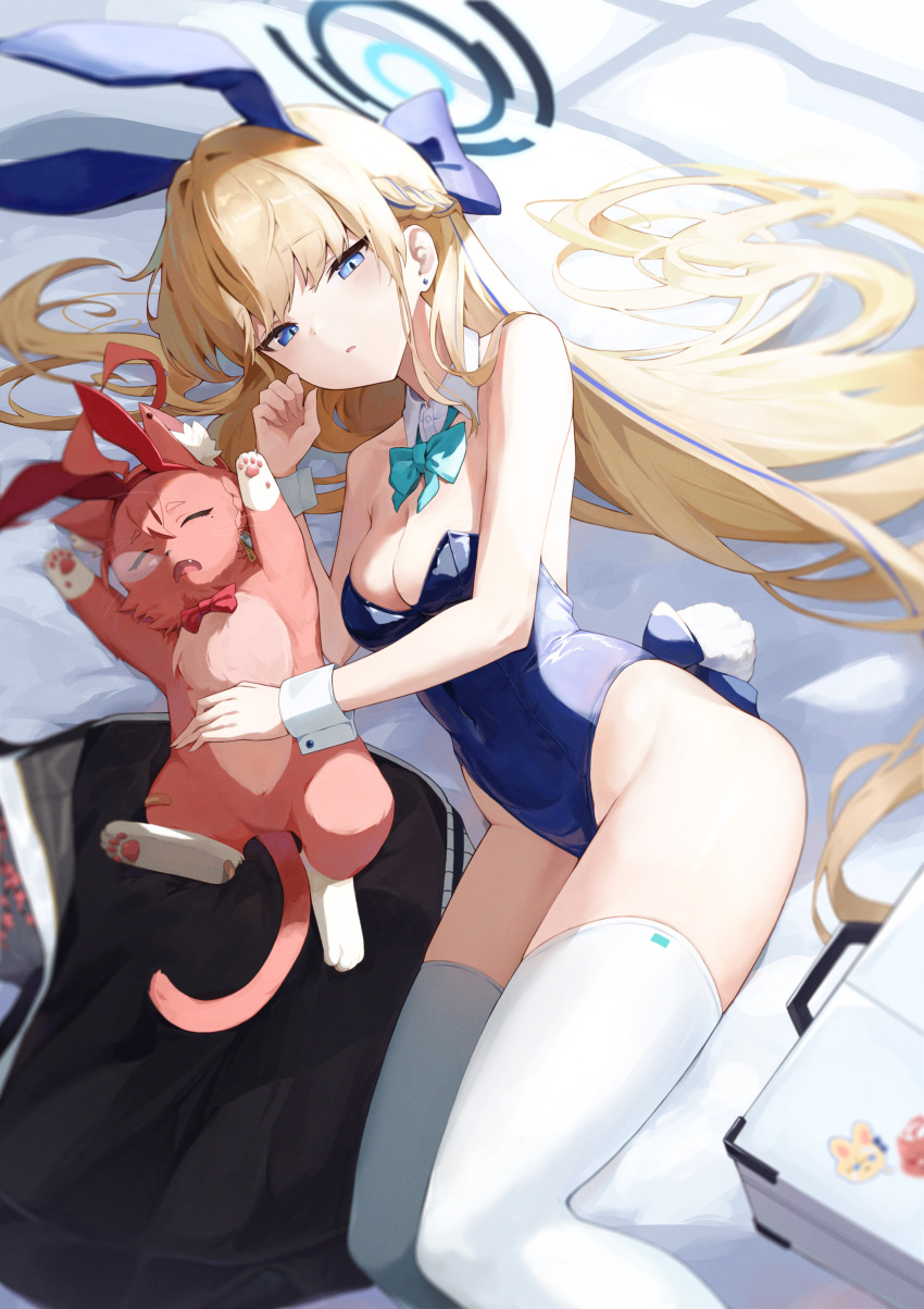 1girl absurdres animal_ear_fluff animal_ears animalization bare_shoulders blonde_hair blue_archive blue_bow blue_eyes blue_hairband blue_leotard bow bowtie braid breasts cat detached_collar fake_animal_ears hairband halo highleg highleg_leotard highres leotard long_hair looking_at_viewer lying medium_breasts neru_(blue_archive) neru_(bunny)_(blue_archive) official_alternate_costume official_alternate_hairstyle on_side parted_lips playboy_bunny rabbit_ears red_bow red_bowtie red_hairband same_(samefgo) sleeping thighhighs thighs toki_(blue_archive) toki_(bunny)_(blue_archive) very_long_hair white_thighhighs wrist_cuffs