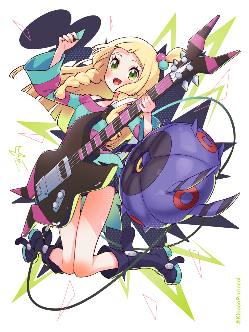 1girl :d bass_guitar black_footwear blonde_hair blush boots bra_strap braid cable commentary cosplay dress green_eyes hair_bobbles hair_ornament highres holding holding_instrument holding_plectrum instrument kinocopro knee_boots knees_together_feet_apart lillie_(pokemon) long_hair long_sleeves looking_at_viewer open_mouth platform_boots platform_footwear plectrum pokemon pokemon_(creature) pokemon_(game) pokemon_bw2 pokemon_sm roxie_(pokemon) roxie_(pokemon)_(cosplay) smile striped striped_dress twin_braids twitter_username two-tone_dress whirlipede wide_sleeves