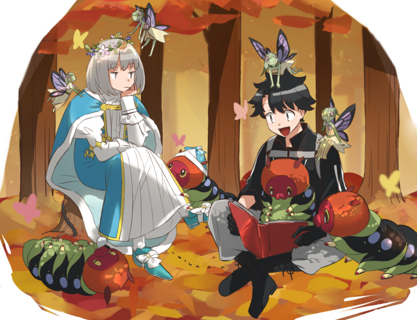 2boys autumn black_footwear black_hair black_shirt blue_cape blue_footwear book bug butterfly cape caterpillar eiki_(eikityou_55) fairy fate/grand_order fate_(series) frown fujimaru_ritsuka_(male) grey_hair head_wreath holding holding_book juliet_sleeves long_sleeves male_focus multiple_boys nose_bubble oberon_(fate) on_shoulder open_mouth pants puffy_sleeves reading robe shirt short_hair sitting tree white_pants