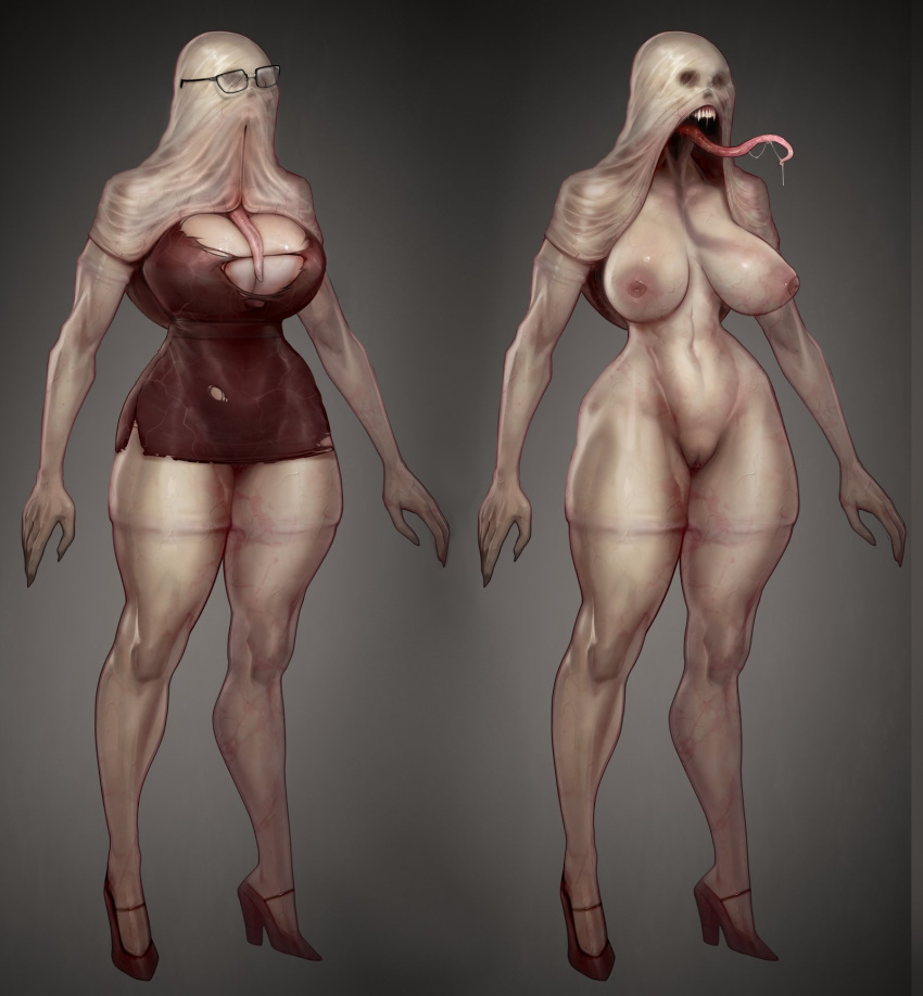 2023 5_fingers areola areola_slip between_breasts big_breasts bodily_fluids bottomless breasts broken_glasses bruised cleavage clothed clothing derek_hetrick dress eye_socket eyewear fangs female fingers footwear genitals glasses hi_res high_heels humanoid long_tongue monster monstrous_humanoid navel no_underwear not_furry nude off/on open_mouth pussy saliva saliva_string solo standing teeth tongue tongue_out torn_clothing vein