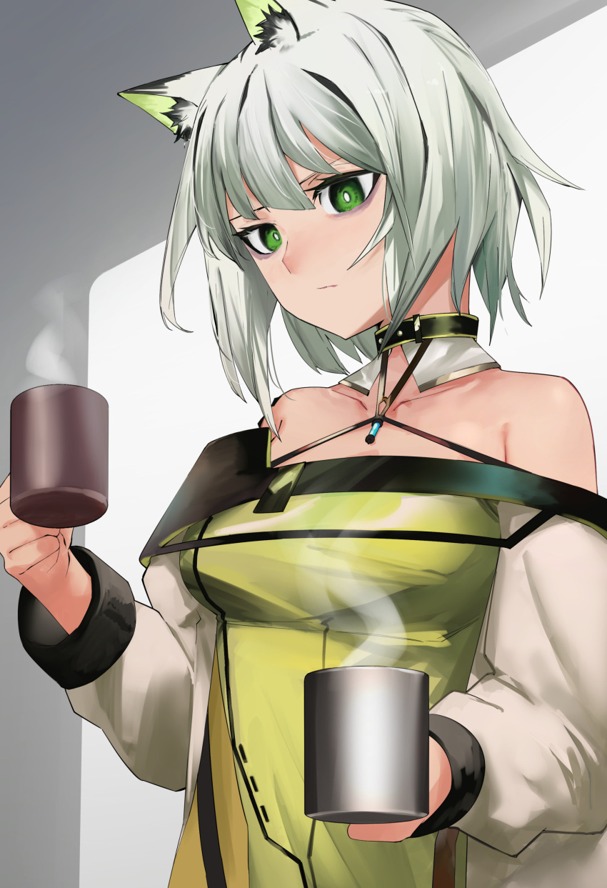 1girl absurdres animal_ear_fluff animal_ears ao_oni_(onioni-aoi) arknights bags_under_eyes bare_shoulders black_collar bright_pupils cat_ears cat_girl closed_mouth collar collarbone commentary_request cup dress green_dress green_eyes grey_background grey_hair halterneck hands_up highres holding holding_cup kal'tsit_(arknights) long_sleeves looking_at_viewer short_hair simple_background solo steam upper_body white_background white_pupils worried yellow_dress