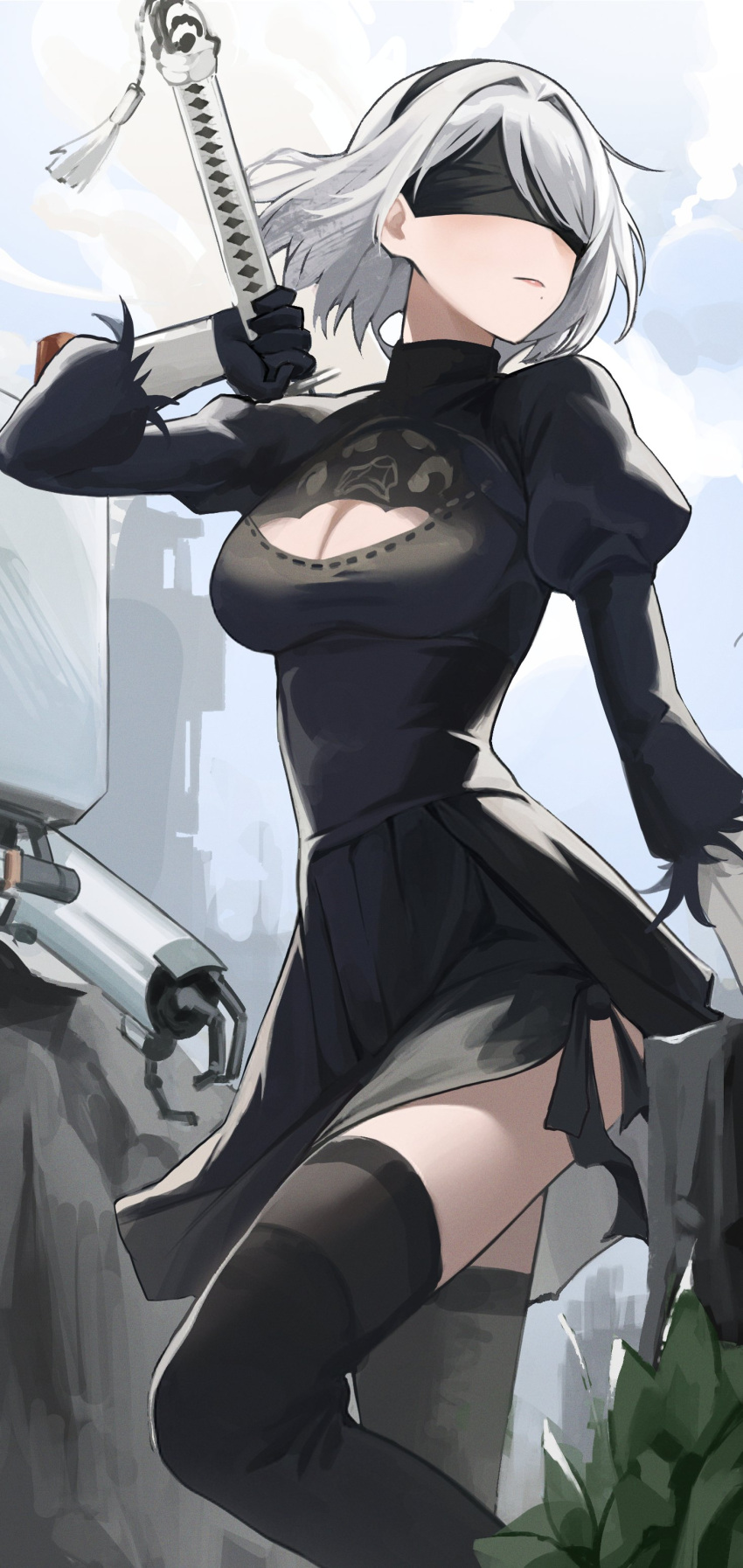 1girl 2b_(nier:automata) absurdres black_blindfold black_dress black_gloves black_hairband black_thighhighs blindfold breasts cleavage cleavage_cutout closed_mouth clothing_cutout commentary covered_eyes day dress feather-trimmed_sleeves gloves hairband highres holding holding_sword holding_weapon juliet_sleeves long_sleeves medium_breasts mole mole_under_mouth nier:automata nier_(series) ori_(0rizuru) outdoors puffy_sleeves short_hair solo sword thighhighs weapon white_hair