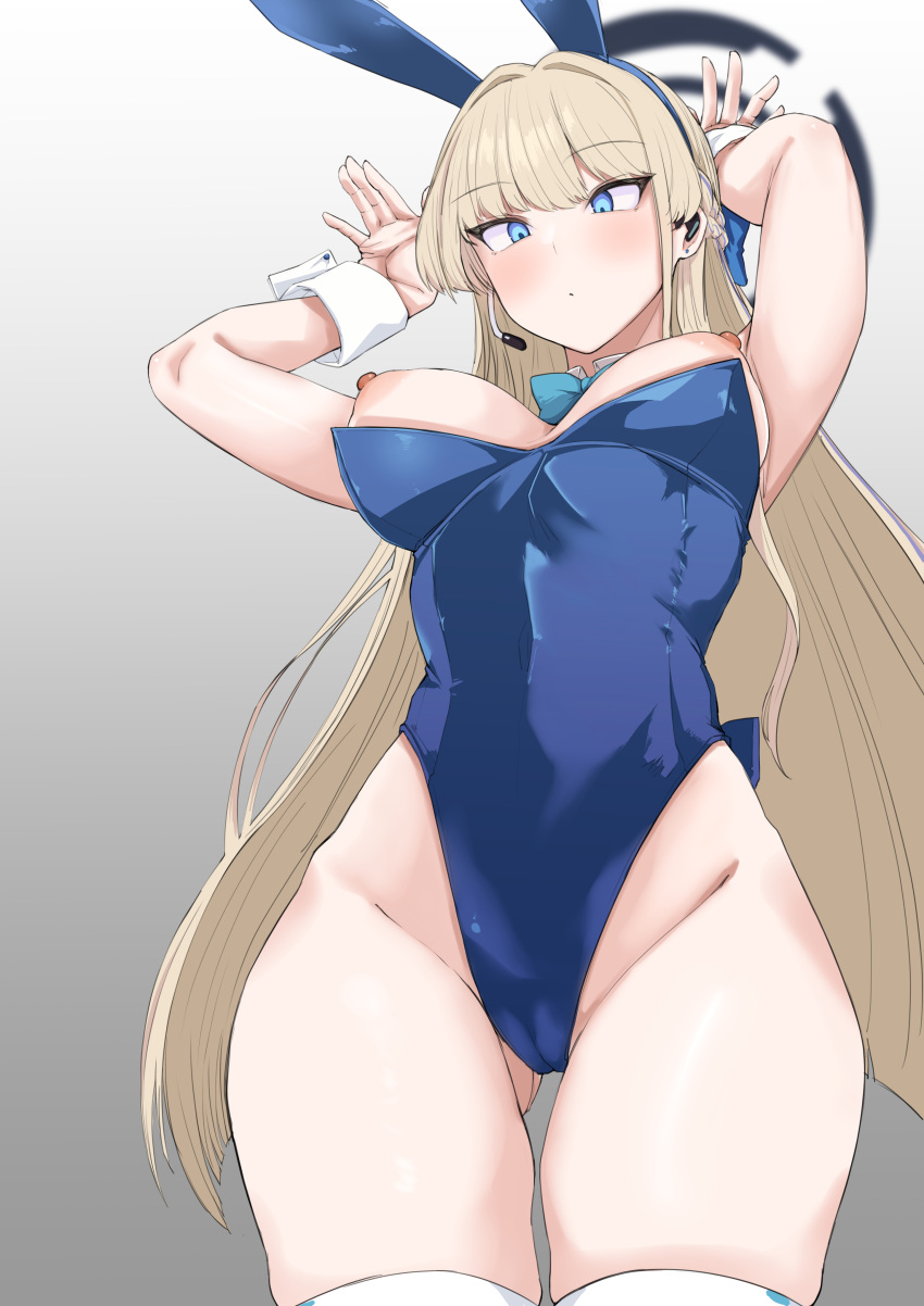 1girl absurdres animal_ears arm_up armpits bare_shoulders blonde_hair blue_archive blue_eyes blue_leotard blush breasts breasts_out cameltoe detached_collar earpiece fake_animal_ears fake_tail hagunontada hair_ribbon hands_up highleg highleg_leotard highres leotard long_hair looking_at_viewer medium_breasts nipples official_alternate_costume playboy_bunny rabbit_ears rabbit_pose rabbit_tail ribbon solo strapless strapless_leotard tail toki_(blue_archive) toki_(bunny)_(blue_archive) very_long_hair wrist_cuffs