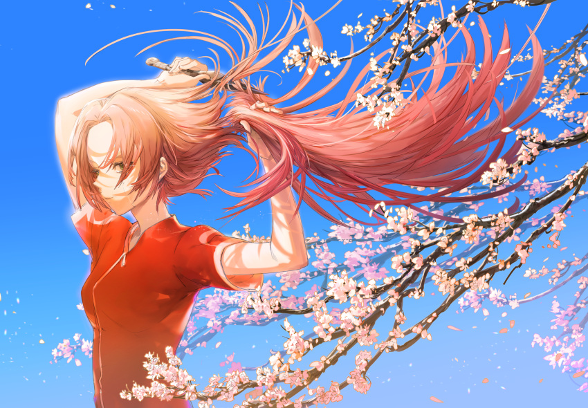 1girl absurdres ashorz blue_background blue_sky branch breasts cherry_blossoms clear_sky crying cutting_hair cutting_own_hair dappled_sunlight day detached_hair floating_hair from_side hands_up haruno_sakura highres holding holding_hair holding_weapon kunai long_hair looking_at_viewer naruto naruto_(series) nature parted_bangs petals pink_hair scene_reference short_hair short_sleeves sky solo sunlight upper_body weapon