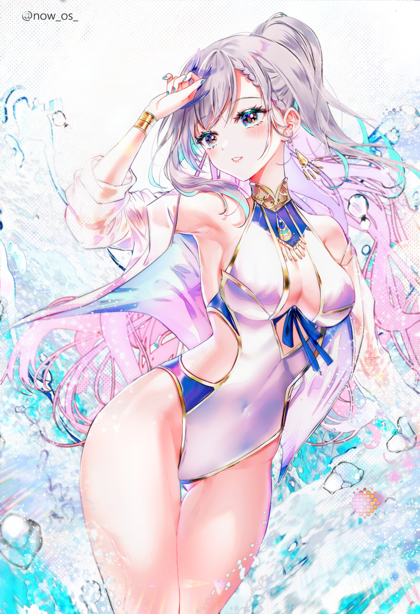 1girl absurdres aqua_eyes armpits blue_nails braid breasts cleavage covered_navel earrings french_braid grey_hair highleg highleg_swimsuit highres hololive hololive_indonesia jacket jewelry large_breasts long_hair nail_polish one-piece_swimsuit parted_lips pavolia_reine see-through solo sowon swimsuit thigh_gap twitter_username virtual_youtuber water