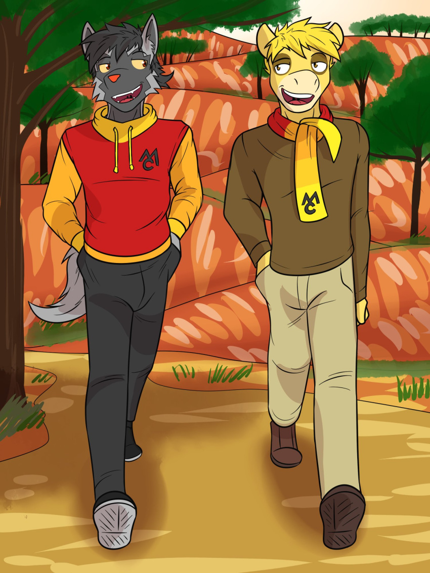 anthro anthrofied bottomwear clothed clothing duo footwear fully_clothed fuze generation_3_pokemon hand_in_pocket hi_res hoodie male nature nintendo numel outside pants pawl_(fuze) pockets pokemon pokemon_(species) pokemorph poochyena rodd_(fuze) scarf shoes topwear walking