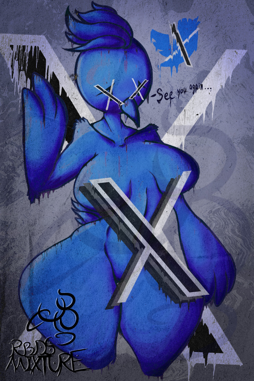 2:3 anthro avian bird blue_body blue_feathers breasts feather_hands feathers female hi_res meme navel rbds_mixture simple_background solo tweetfur twitter twitter_logo x_(social_media) x_corporation