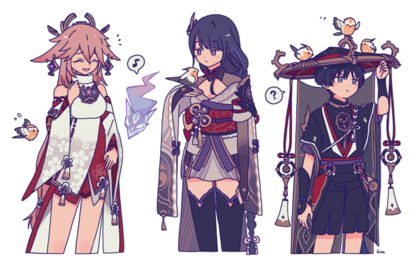 1boy 2girls bare_shoulders bird black_dress cropped_legs detached_sleeves dress genshin_impact hat hinaszk multiple_girls obi raiden_shogun sash scaramouche_(genshin_impact) simple_background white_background yae_miko