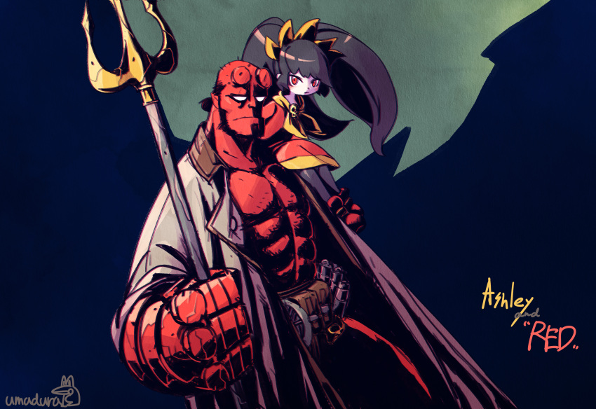 1boy 1girl abs absurdres ammunition_belt ashley_(warioware) bald beard black_hair black_pantyhose blue_background broken_horn broken_horns brown_coat character_name closed_mouth coat colored_skin commentary crossover demon_boy dress facial_hair frown hellboy hellboy_(comic) highres holding_trident horns long_hair muscular muscular_male neckerchief no_pupils orange_neckerchief pantyhose pectorals power_connection red_dress red_eyes red_footwear red_skin signature sitting_on_shoulder size_difference skull_ornament twintails umadura_ero warioware