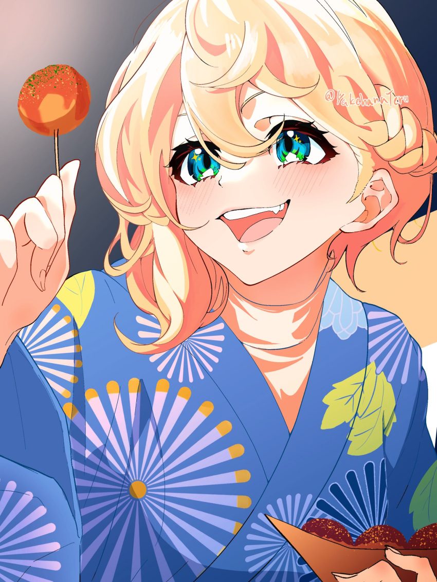 1boy blonde_hair blue_kimono blush bridget_(guilty_gear) food green_eyes guilty_gear guilty_gear_strive highres japanese_clothes kimono long_sleeves looking_to_the_side male_focus medium_hair open_mouth otoko_no_ko print_kimono smile summer_festival takoyaki toothpick yakehanateru yukata