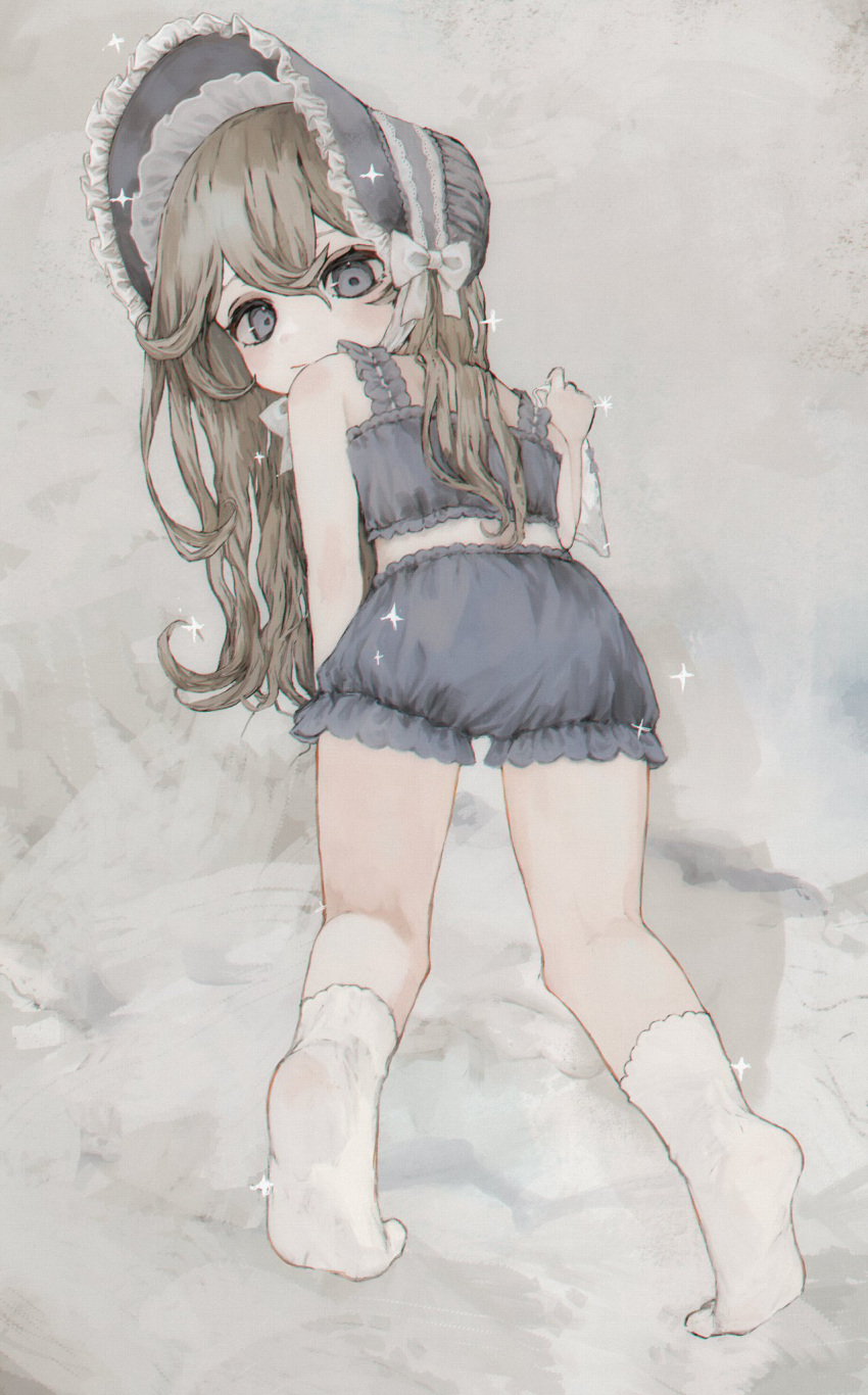 1girl all_fours bare_shoulders bloomers blush bonnet brown_hair camisole expressionless from_behind full_body grey_background grey_bloomers grey_camisole grey_eyes highres holding holding_clothes holding_panties holding_underwear long_hair looking_at_viewer looking_back original panties socks solo sparkle tomoja_rs underwear white_panties white_socks