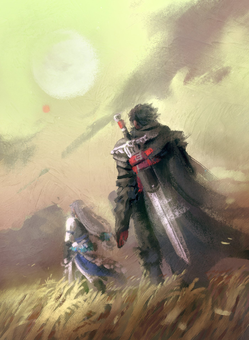 1boy 1girl black_hair cape clive_rosfield emi-bianchi evening final_fantasy final_fantasy_xvi from_behind grey_hair highres jill_warrick long_hair low-tied_long_hair standing sun sword sword_on_back weapon weapon_on_back wheat_field