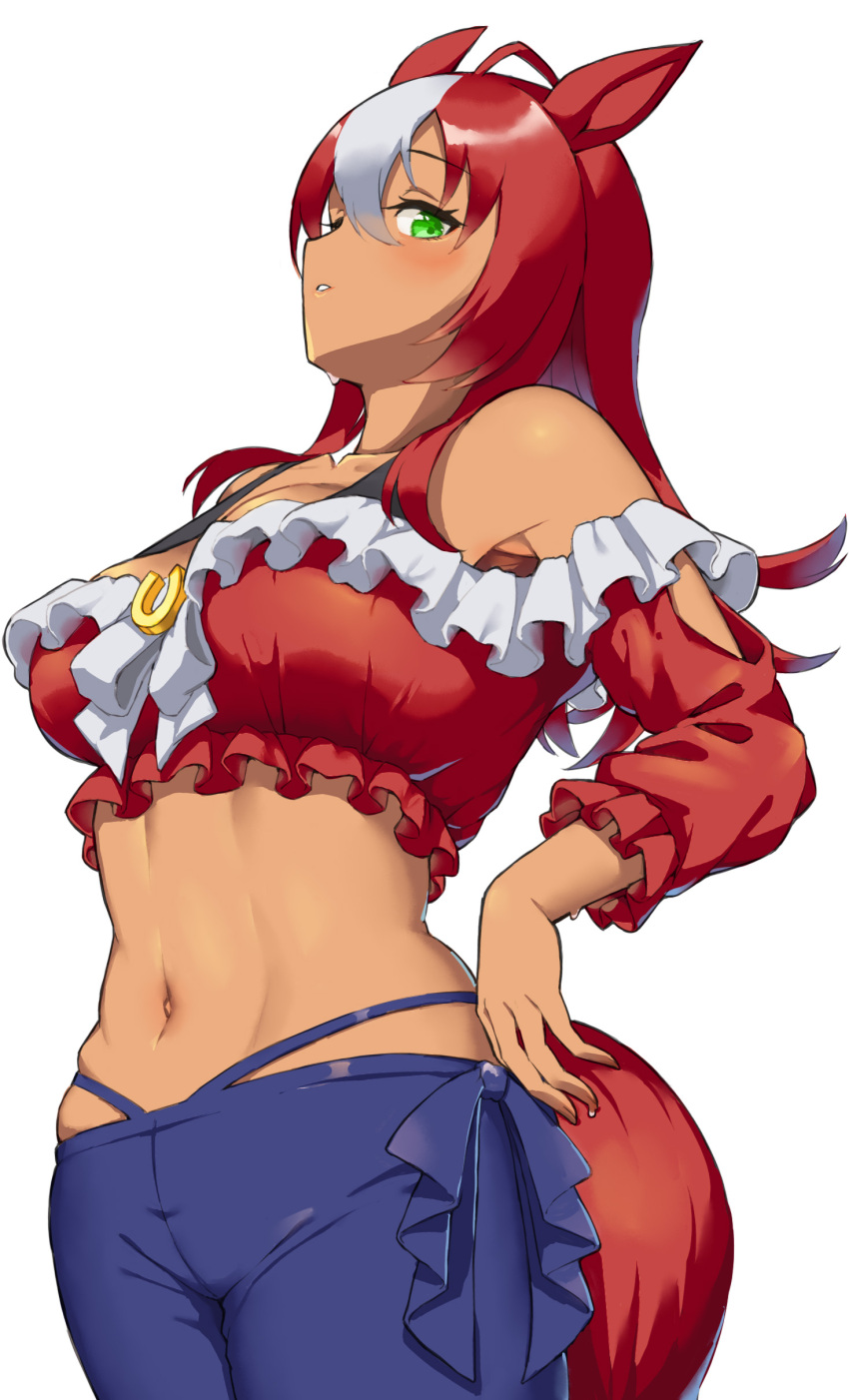 1girl absurdres ahoge animal_ears bare_shoulders blue_pants blush breasts collarbone cowboy_shot darley_arabian_(umamusume) fingernails frilled_shirt frills green_eyes highres horse_ears horse_girl horse_tail large_breasts linea_alba long_hair long_sleeves looking_at_viewer midriff multicolored_hair navel off-shoulder_shirt off_shoulder pants parted_lips red_hair red_shirt sawara_noa shirt simple_background solo stomach streaked_hair tail tan toned umamusume white_background