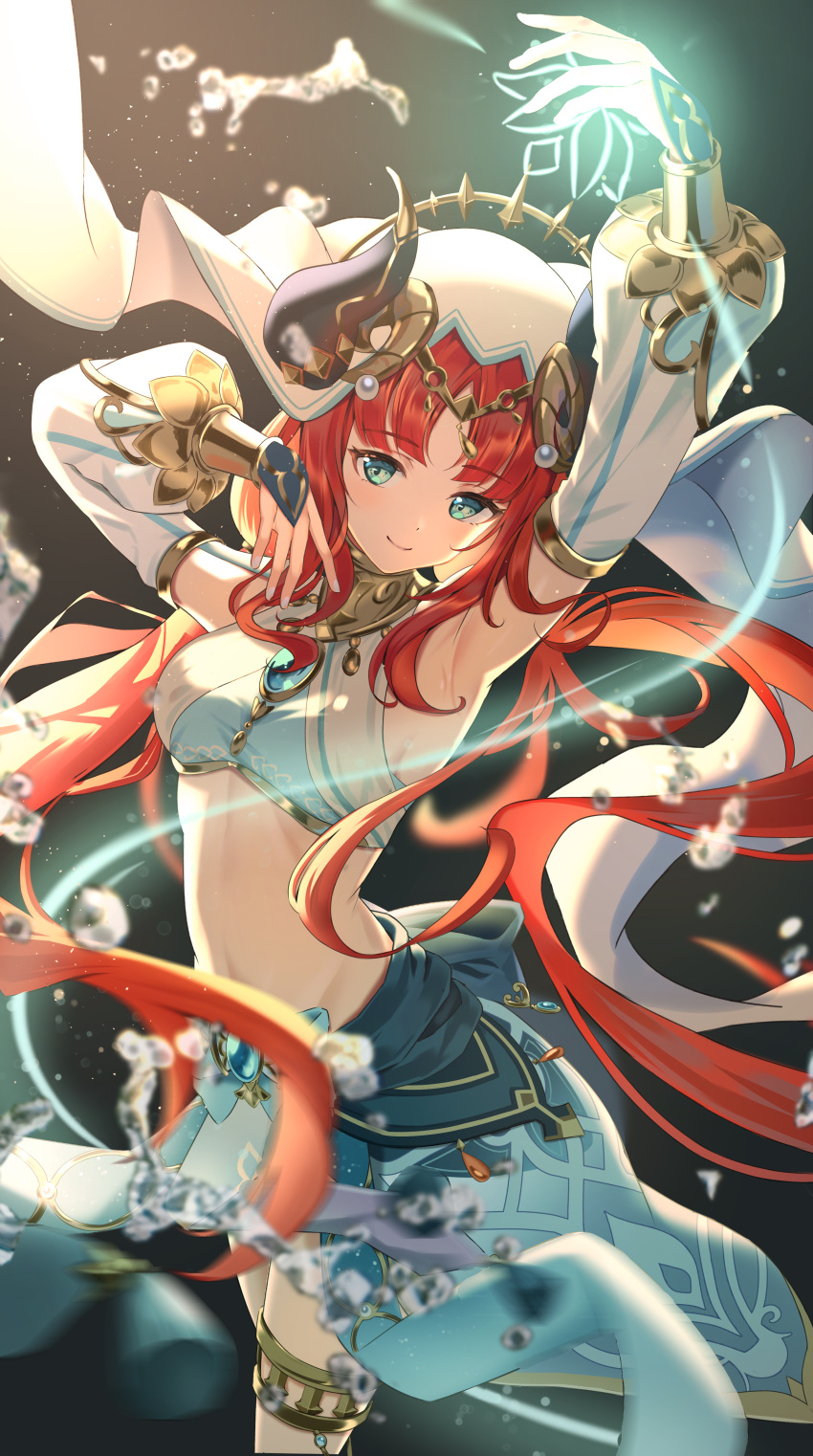 1girl absurdres arm_up armpits blue_eyes breasts bridal_gauntlets closed_mouth dancer detached_sleeves fake_horns genshin_impact highres horns komiya_latte long_hair looking_at_viewer nilou_(genshin_impact) red_hair revision small_breasts smile solo standing twintails very_long_hair