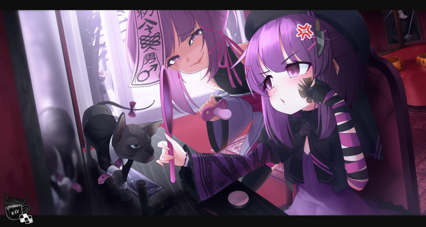 2girls absurdres anger_vein animal arm_ribbon beret black_headwear black_jacket black_ribbon bow cat clothed_animal collared_shirt dress evil_smile fallenshadow hair_ribbon hand_mirror hat highres indie_virtual_youtuber jacket knife_hair_ornament mars_symbol mirror multiple_girls necktie ofuda on_chair pacifier pentagram purple_bow purple_dress purple_eyes purple_hair purple_necktie purple_ribbon reflection ribbon shirt single_sleeve smile suit tail tail_bow tail_ornament tea_party_biscuits white_shirt window