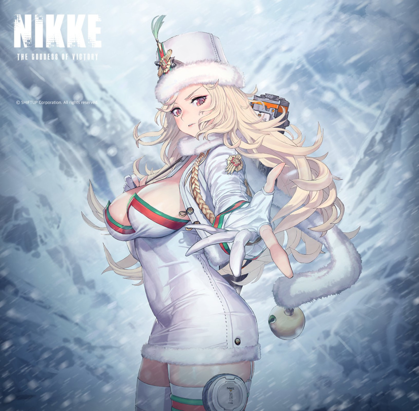 1girl bell blizzard blonde_hair breasts cleavage dress fur-trimmed_dress fur-trimmed_headwear fur_collar fur_hat fur_trim garter_straps gloves goddess_of_victory:_nikke gold_trim hand_on_hip hat highres holster jacket large_breasts long_hair looking_at_viewer looking_back ludmilla_(nikke) military_jacket mountain official_art pantylines pink_eyes punc_p reaching_towards_viewer skirt smile solo thigh_holster thighhighs wavy_hair white_gloves white_jacket white_skirt white_thighhighs zettai_ryouiki