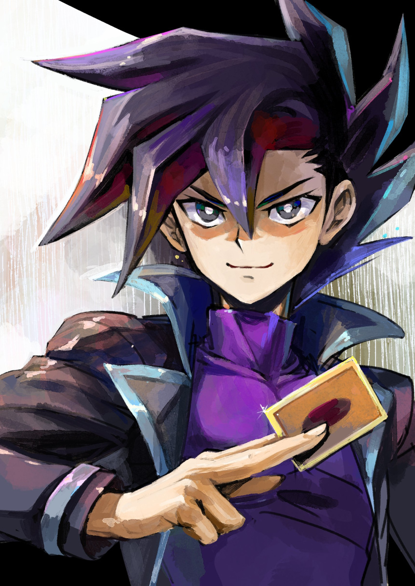 &gt;:) 1boy absurdres black_coat black_eyes black_hair bright_pupils card coat grey_background hand_up high_collar highres holding holding_card long_sleeves male_focus manjoume_jun purple_shirt shirt short_hair smile solo spiked_hair trading_card turtleneck upper_body v-shaped_eyebrows youko-shima yu-gi-oh! yu-gi-oh!_gx