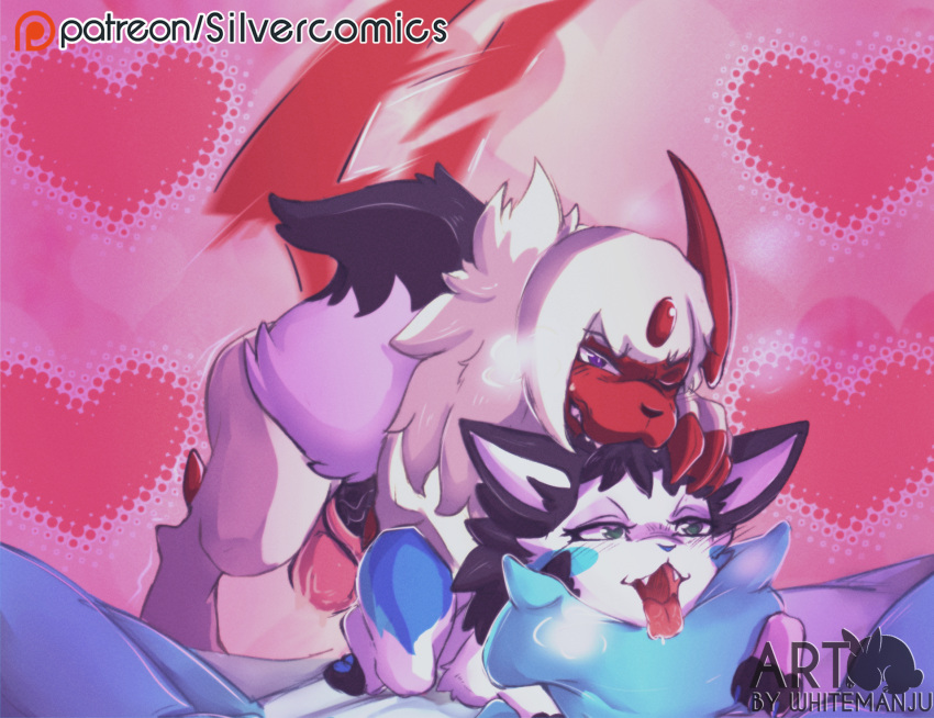 &lt;3 absol animal_genitalia animal_penis artemis_the_absol balls blush canine_anatomy canine_genitalia canine_penis claws eevee female fluffy generation_1_pokemon generation_3_pokemon genitals hi_res horn interspecies knot looking_pleasured male male/female nintendo penis pillow pokemon pokemon_(species) pokephilia scythe_horn scythe_tail shiny_pokemon tail tail_motion tailwag tongue tongue_out