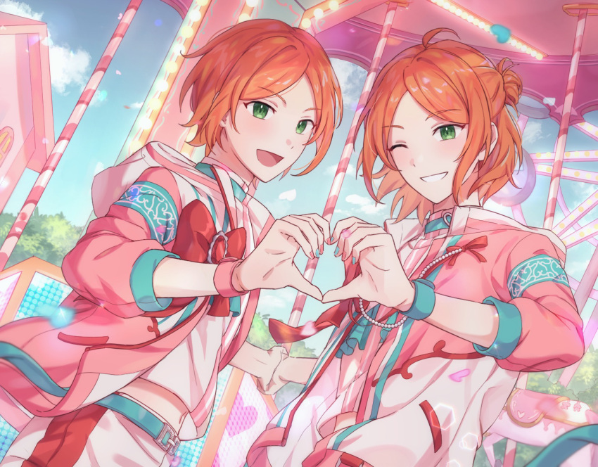 2boys 2wink_(ensemble_stars!) ahoge aoi_hinata aoi_yuta aqua_wristband belt bishounen brothers ensemble_stars! green_eyes heart heart_hands holding_hands hood hoodie jacket looking_at_viewer male_focus midriff multiple_boys nail_polish navel one_eye_closed open_mouth orange_hair pink_jacket pink_wristband siblings sky smile twins wldms5172