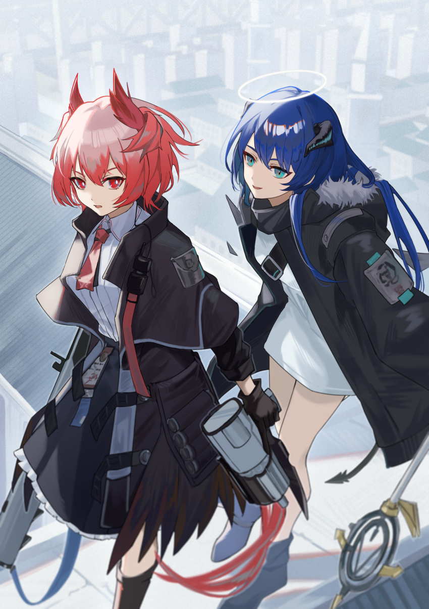 2girls absurdres arknights black_capelet black_footwear black_gloves black_jacket black_skirt blue_eyes blue_hair boots capelet cityscape collared_shirt commentary_request day fiammetta_(arknights) gloves gun halo highres holding holding_gun holding_weapon horns jacket knee_boots long_hair long_sleeves mostima_(arknights) multiple_girls nanase_(nanase_cg) open_clothes open_jacket outdoors parted_lips red_eyes red_hair rooftop shirt skirt smile tail trigger_discipline very_long_hair walking weapon white_shirt