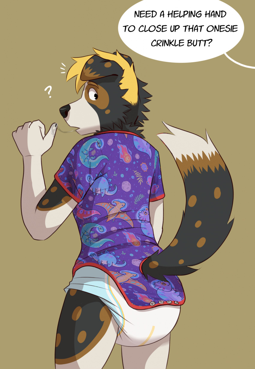 anthro canid canine canis clothed clothing diaper diaper_fetish diaperdork digital_media_(artwork) domestic_dog english_text hair hi_res infantilism male mammal offscreen_character onesie simple_background solo solo_focus speech_bubble text wearing_diaper
