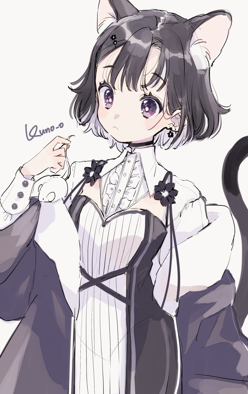 1girl absurdres animal_ear_fluff animal_ears artist_name black_choker black_dress black_hair cat_ears cat_tail cat_tial choker closed_mouth dress earrings flower highres jewelry jikuno light_brown_background long_sleeves mouse original purple_eyes short_hair sketch solo tail upper_body