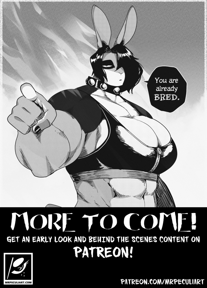 2023 5_fingers abs absurd_res anthro arm_wraps big_breasts big_ears big_muscles black_and_white black_eyeshadow black_fingernails black_text breasts chest_wraps clothed clothing collar comic cover cover_art cover_page digital_media_(artwork) english_text eyebrows eyeshadow fingerless_gloves fingers fur gloves gynomorph hair handwear hare hi_res huge_breasts intersex lagomorph leporid logo looking_at_viewer makeup mammal monochrome monotone_background multicolored_body multicolored_fur muscular muscular_gynomorph muscular_intersex muscular_thighs patreon patreon_logo peculiart rabbit ruth_(peculiart) simple_background skimpy small_head solo speech_bubble sportswear spots text thick_thighs two_tone_body two_tone_fur url wraps