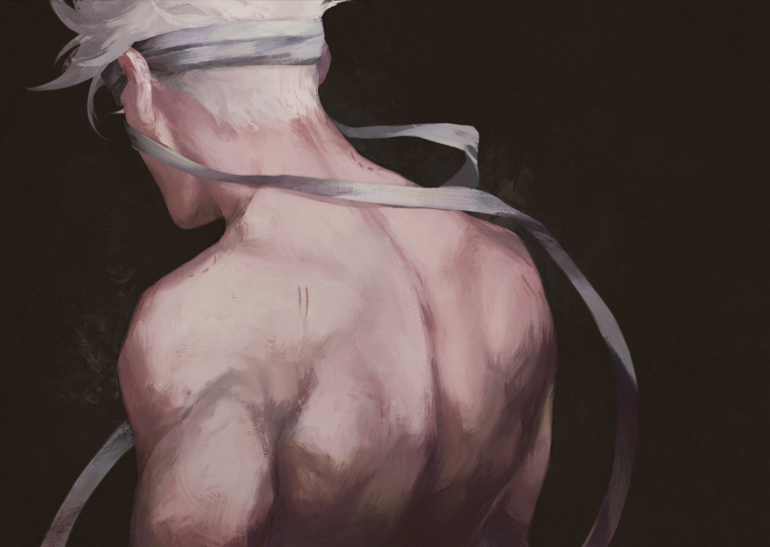 1boy 3aem back black_background gojou_satoru headband headband_over_eyes highres jujutsu_kaisen looking_back male_focus scar scar_on_back short_hair simple_background solo upper_body white_hair