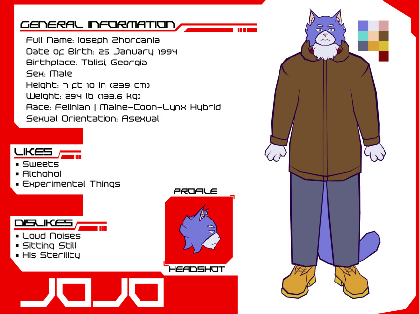 anthro blue_body blue_fur domestic_cat fan_character felid feline felis fur hi_res hot_knives hybrid jojo_(hot_knives) lynx maine_coon male mammal model_sheet timberland