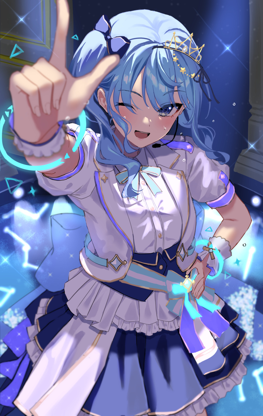 1girl ;d arm_up blouse blue_eyes blue_hair foreshortening from_above hair_between_eyes hand_on_own_hip highres hololive hololive_idol_uniform_(bright) hoshimachi_suisei idol jacket medium_hair one_eye_closed open_mouth shirt side_ponytail skirt smile solo tiara uuroncha virtual_youtuber