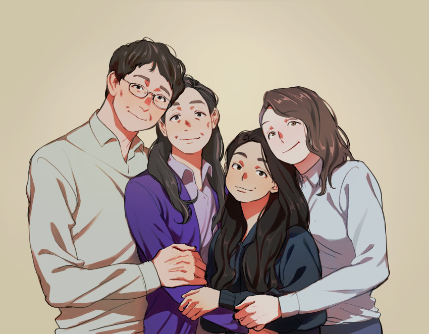 1boy 3girls becky_sregor black_eyes black_hair blue_hoodie brown_eyes brown_hair collared_shirt dododdoddo121 evelyn_quan_wong everything_everywhere_all_at_once glasses heads_together highres hood hoodie hug joy_wong korean_commentary light_smile long_hair looking_at_viewer michelle_yeoh mole mole_above_mouth multiple_girls shirt short_hair simple_background smile sweater waymond_wang