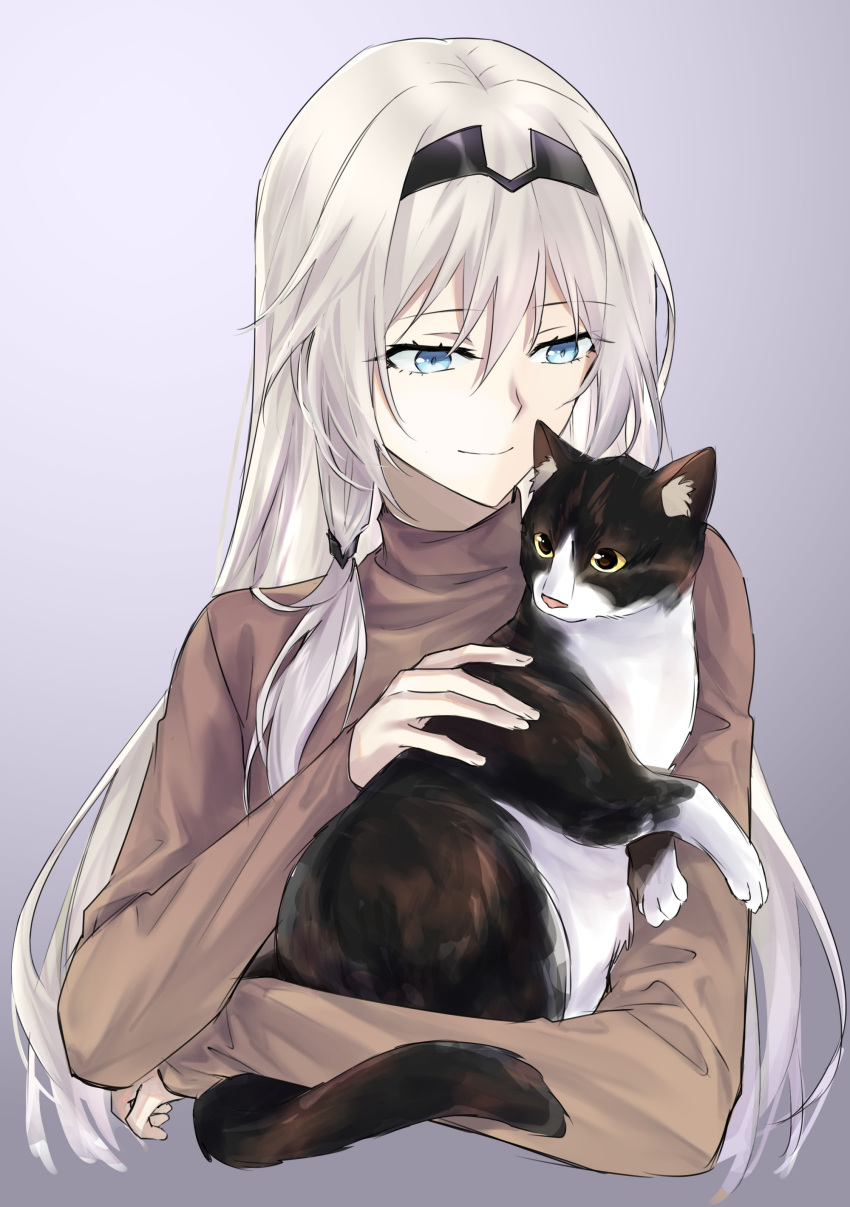 1girl absurdres alternate_costume an-94_(girls'_frontline) animal blue_eyes brown_shirt cat closed_mouth girls'_frontline gradient_background grey_background grey_hair highres holding holding_animal holding_cat long_hair long_sleeves shirt smile solo suprii upper_body