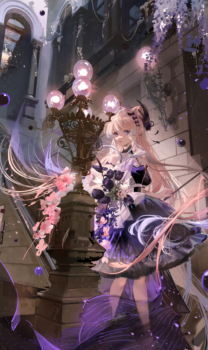 1girl absurdres alternate_costume arch bare_shoulders black_collar bouquet bow-shaped_hair brick_wall building collar commentary_request dress feet_out_of_frame flower genshin_impact highres holding lace-trimmed_skirt lace_trim lamp long_hair looking_at_viewer orb parted_lips pillar pink_flower pink_hair puffy_short_sleeves puffy_sleeves purple_dress purple_eyes purple_flower purple_tulip railing sangonomiya_kokomi short_sleeves skirt solo stairs very_long_hair wisteria xiang_tui_tui