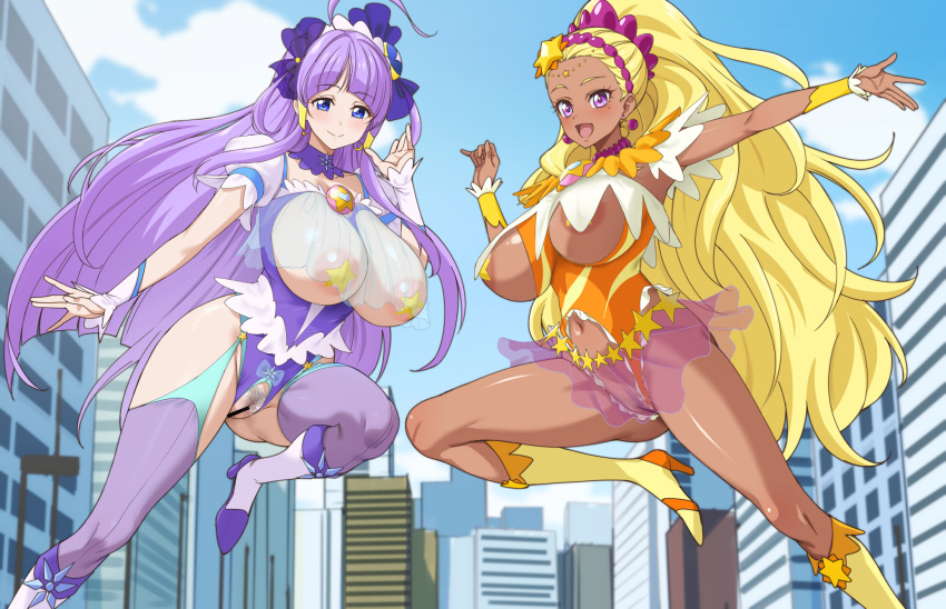 2girls ahoge bar_censor blonde_hair blue_bow blue_eyes blue_garter_straps boots bow breastless_leotard breasts building censored cleavage covered_nipples crotchless crotchless_leotard cure_selene cure_soleil dark_skin day earrings fuooooo garter_straps hair_bow highres jewelry large_breasts long_hair looking_at_viewer multiple_girls navel no_panties open_mouth outdoors paid_reward_available pasties precure pubic_hair purple_eyes purple_hair purple_thighhighs pussy sky smile star_twinkle_precure thighhighs underboob very_long_hair yellow_footwear