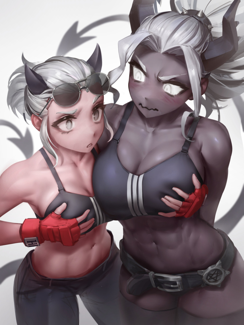 2girls abs absurdres black_horns black_pants demon demon_girl demon_horns demon_tail eyewear_on_head gloves glowing glowing_eyes grey_eyes grey_hair hand_on_another's_chest hand_on_own_chest helltaker highres horns judgement_(helltaker) justice_(helltaker) multiple_girls navel numanoan pants red_gloves sports_bra sunglasses tail white_background white_eyes