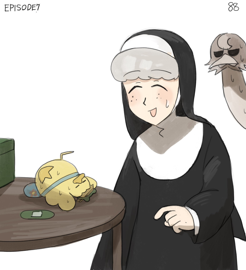 1girl ^_^ bag bandaid bird bottle_cap closed_eyes diva_(hyxpk) duck duckling freckles frog_headband grey_hair habit highres numbered nun original ostrich sheep_nun_(diva) simple_background sweat table white_background