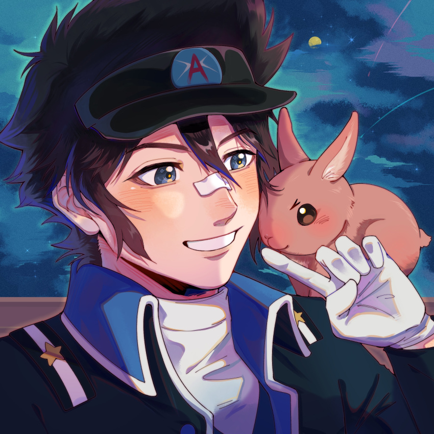 1boy ace_attorney animal animal_on_shoulder black_hair black_jacket blue_eyes blue_sky blush brown_rabbit buttons clay_terran cloud cloudy_sky collared_jacket finger_to_another's_mouth gloves grin hair_between_eyes highres jacket looking_at_animal m18280226378 male_focus moon night night_sky portrait rabbit shirt short_hair sidelocks sky smile solo spiked_hair star_(sky) starry_sky white_gloves white_shirt