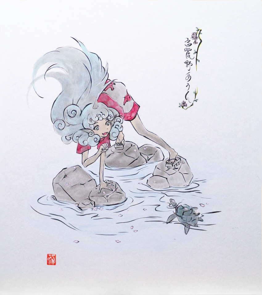 1girl absurdres highres ikeda_ruriko komainu_ears komano_aunn looking_at_animal rock seal_impression solo touhou traditional_media turtle water white_background