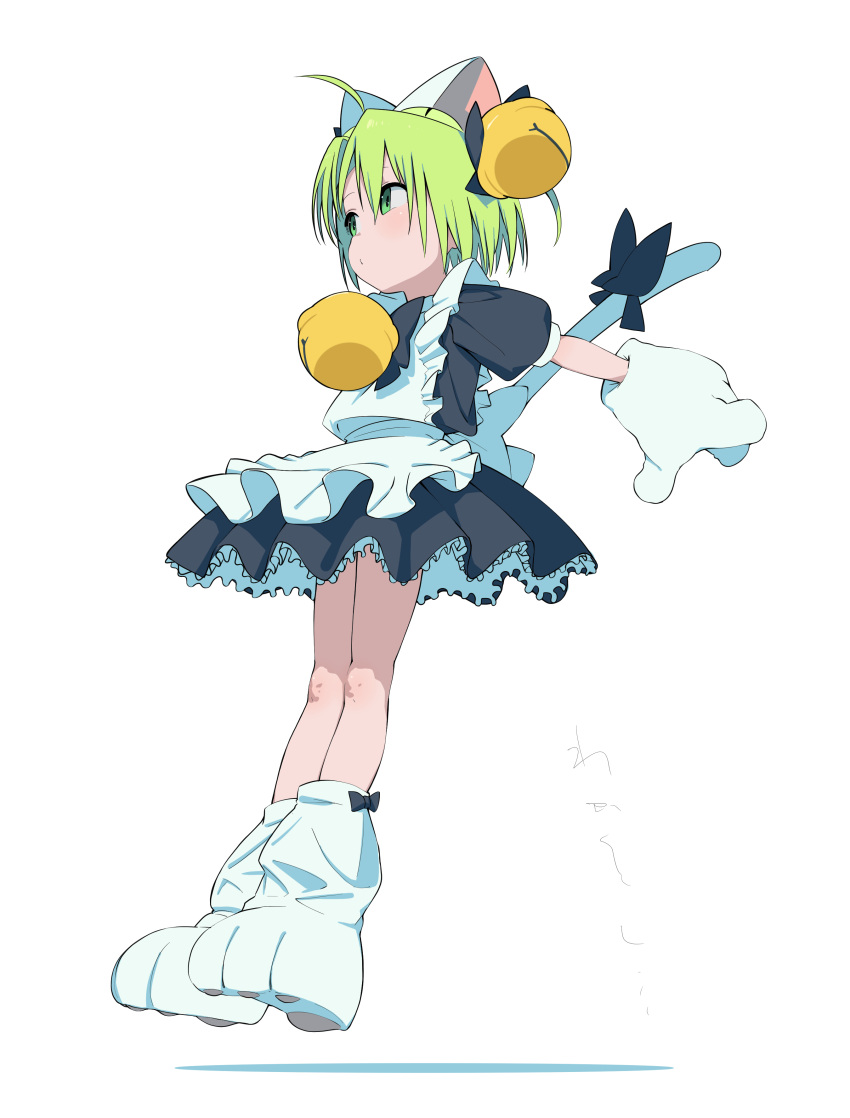 1girl absurdres ahoge animal_ears animal_hands apron bell black_bow black_bowtie black_dress bouen bow bowtie cat_ears cat_girl cat_tail circle_skirt closed_mouth commentary_request dejiko di_gi_charat dress full_body gloves green_eyes green_hair hair_bell hair_ornament highres jingle_bell light_blush looking_to_the_side maid_apron midair neck_bell oversized_object paw_gloves paw_shoes puffy_short_sleeves puffy_sleeves short_dress short_hair short_sleeves simple_background solo tail tail_bow tail_ornament translation_request white_background